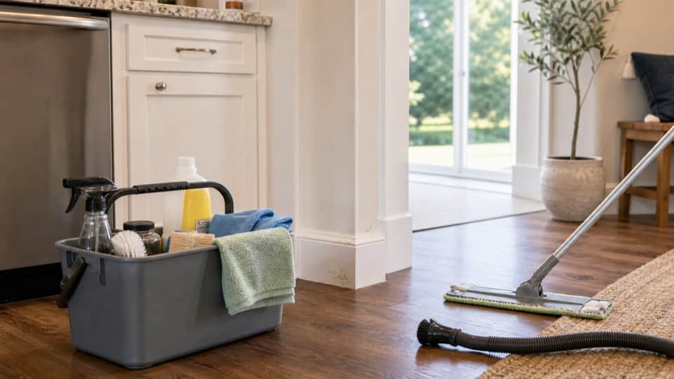 Home cleaning supplies and a mop in a bright kitchen