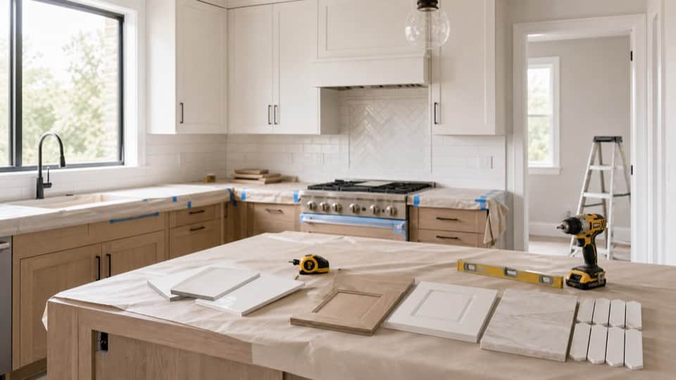 Kitchen remodel in progress with tools and cabinet materials