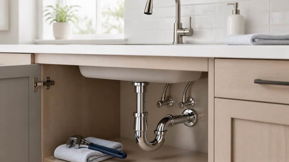 Under-sink plumbing repair with a faucet and tools