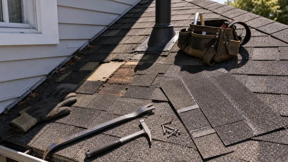 Roof repair work with shingles, gloves, and hand tools